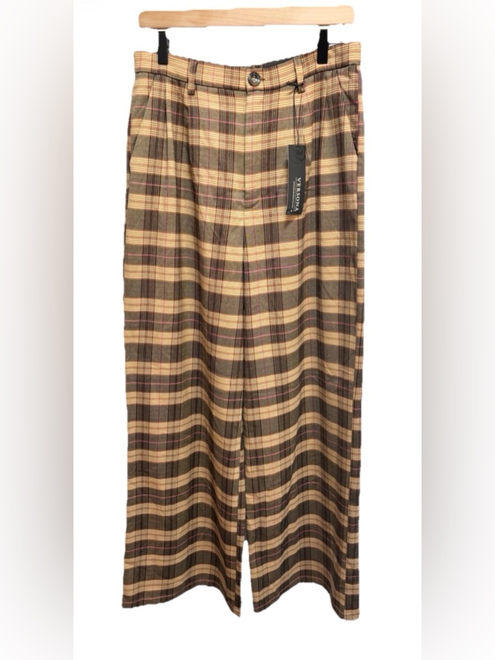 Versona Plaid Wide-Leg Trousers in Brown and tan size 14 NWT